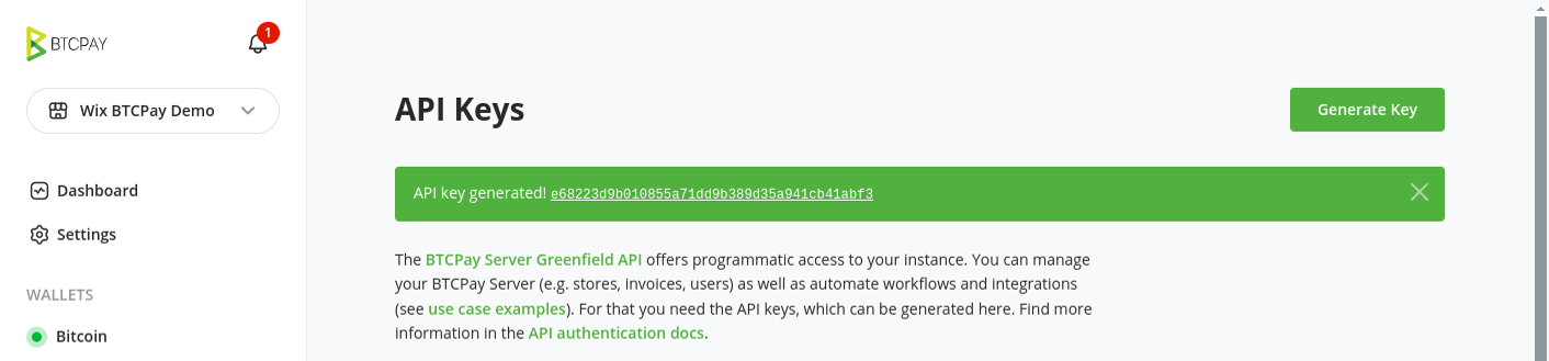 Copy generated API key