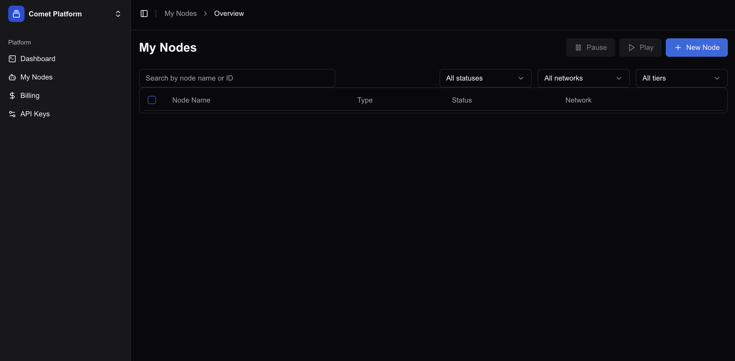 Comet Cash My Nodes page