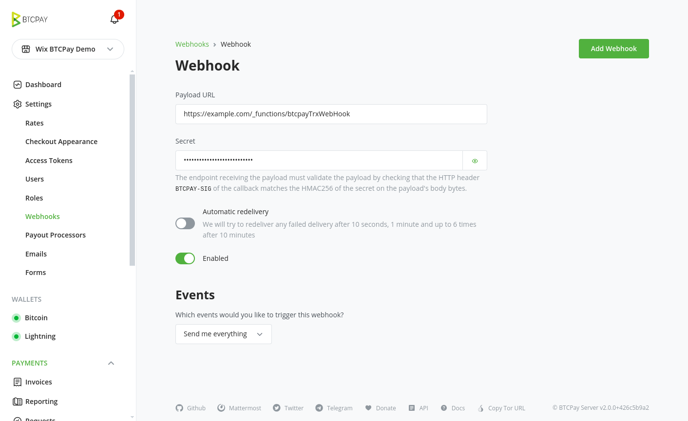 Create webhook page