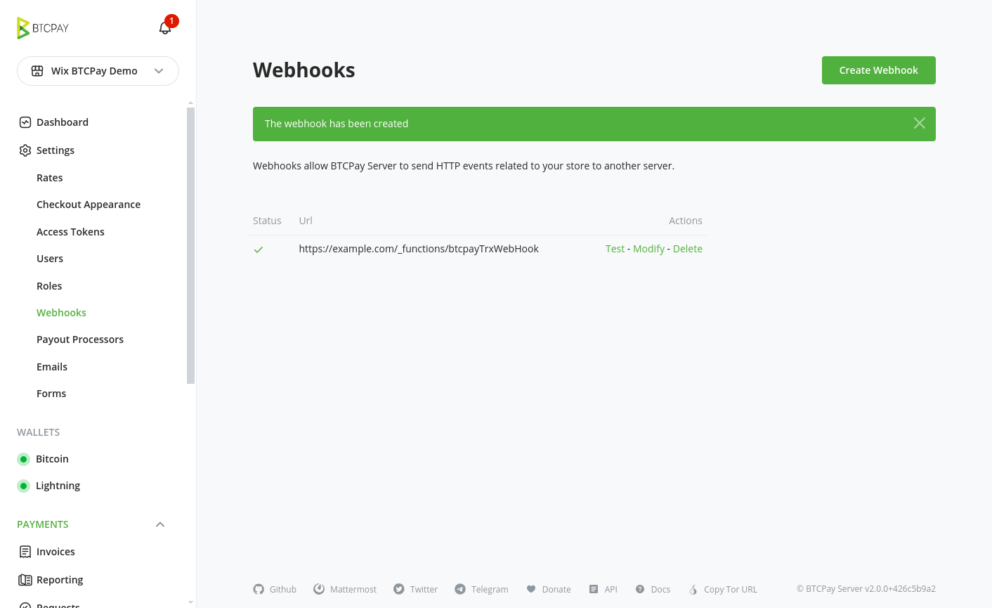 Webhook created successfully