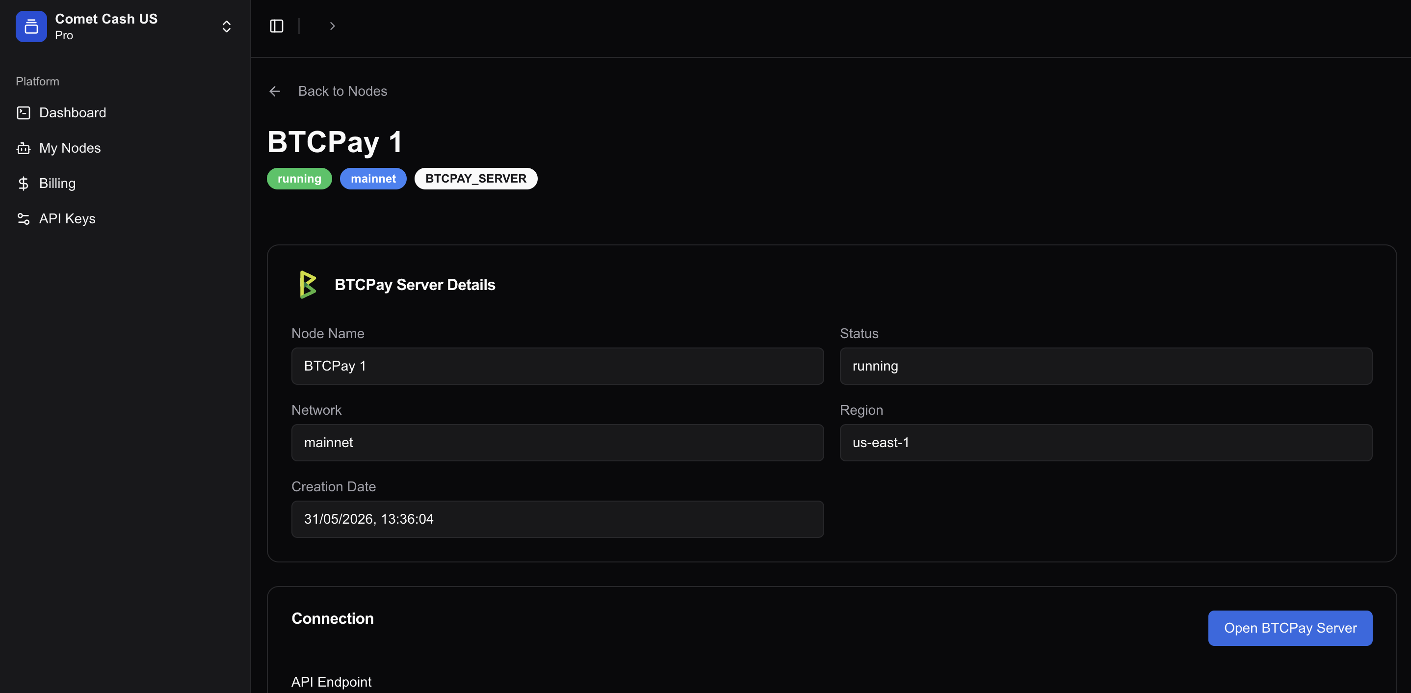 Comet Cash BTCPay Server details