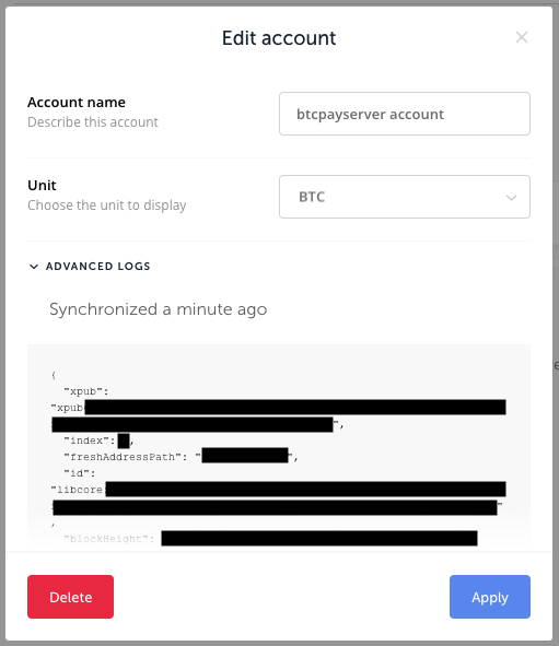 Ledger Account "Advanced Logs" info screenshot