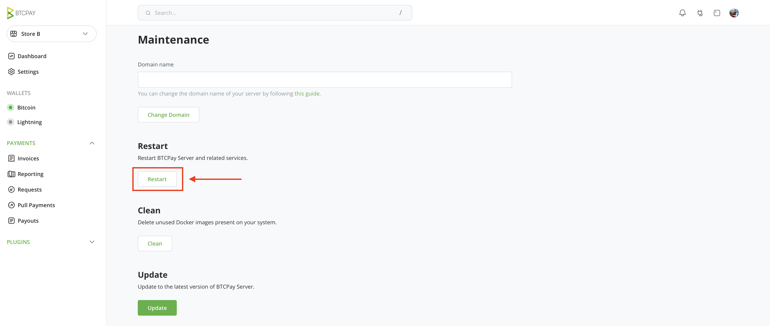 Restarting BTCPay Server