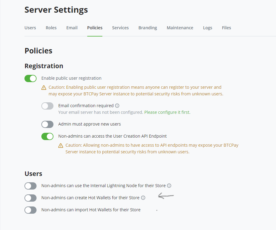 BTCPay Server settings