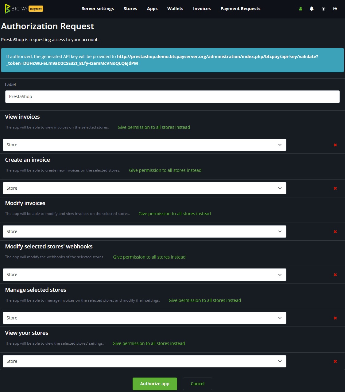 BTCPay Server PrestaShop API key setup