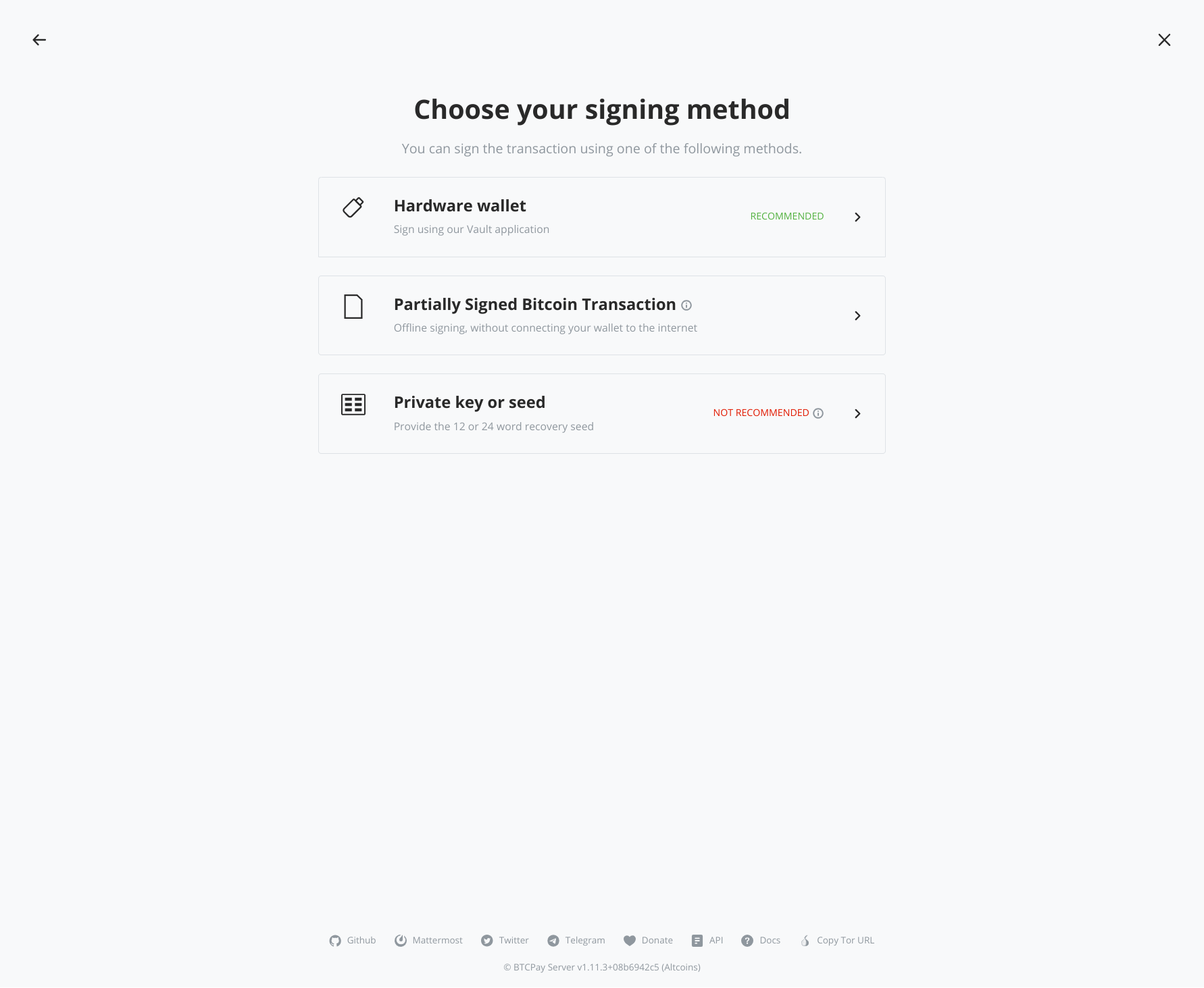 BTCPay: Choose signing method: Partially Signed Bitcoin Transaction