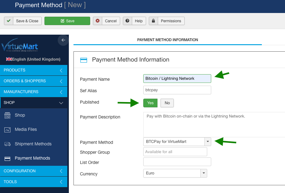 BTCPay Virtuemart: Payment method details