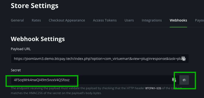 BTCPay Joomla VirtueMart: Webhook payload URL