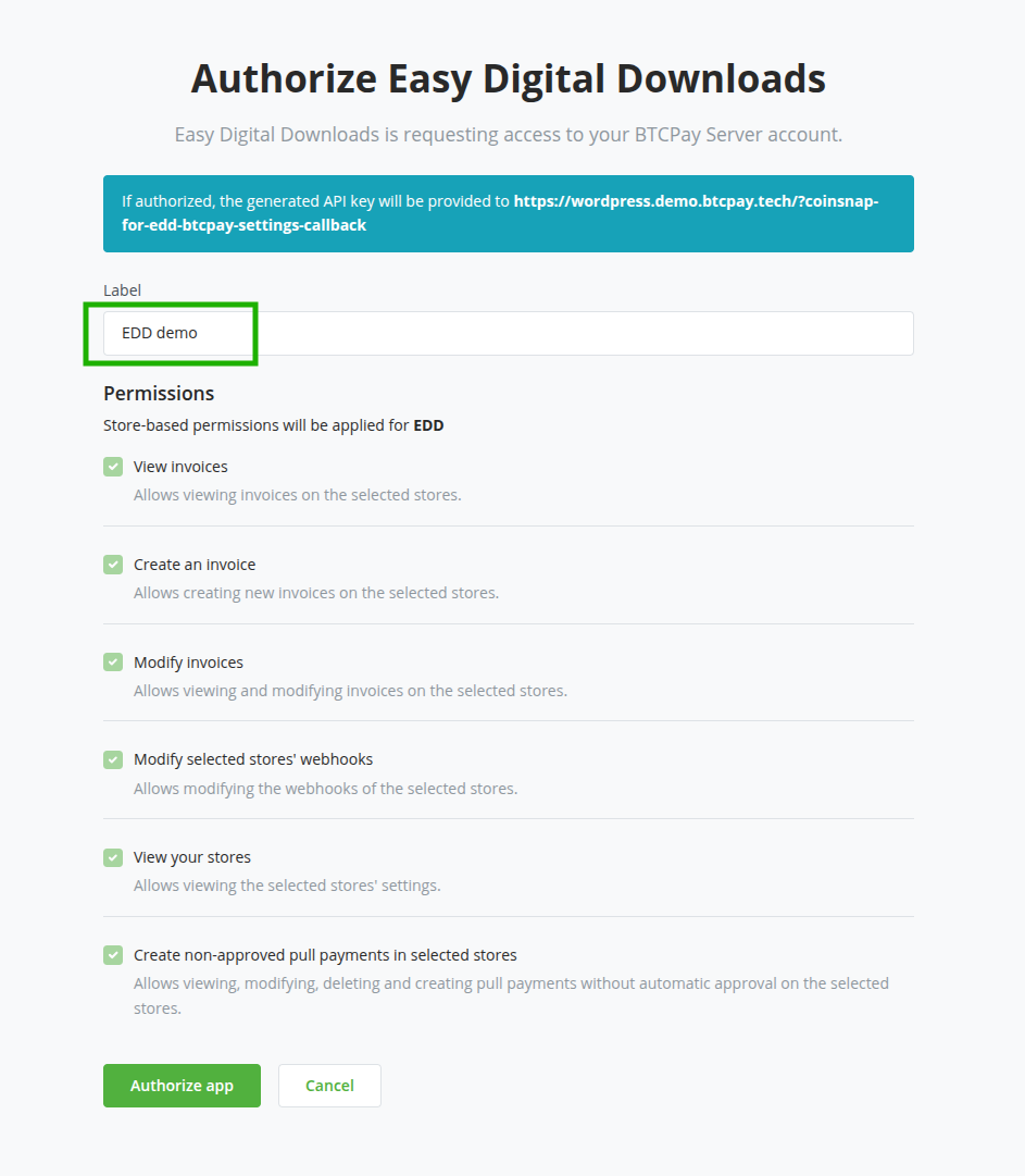 Bitcoin for EDD: Authorize plugin access