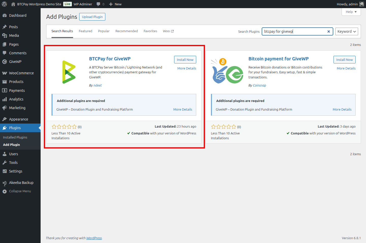 BTCPay for GiveWP: Plugin installation BTCPay for GiveWP: Plugin installation