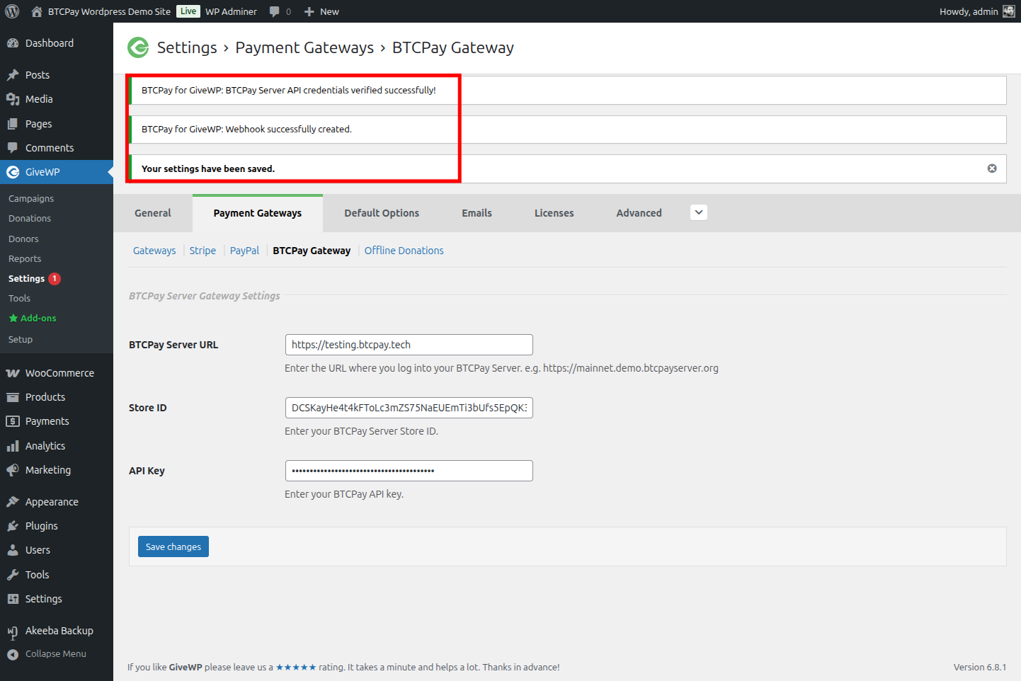 BTCPay for GiveWP: Save BTCPay Settings form saved
