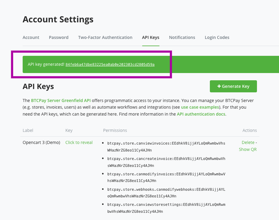 BTCPay OpenCart: Copy API Key