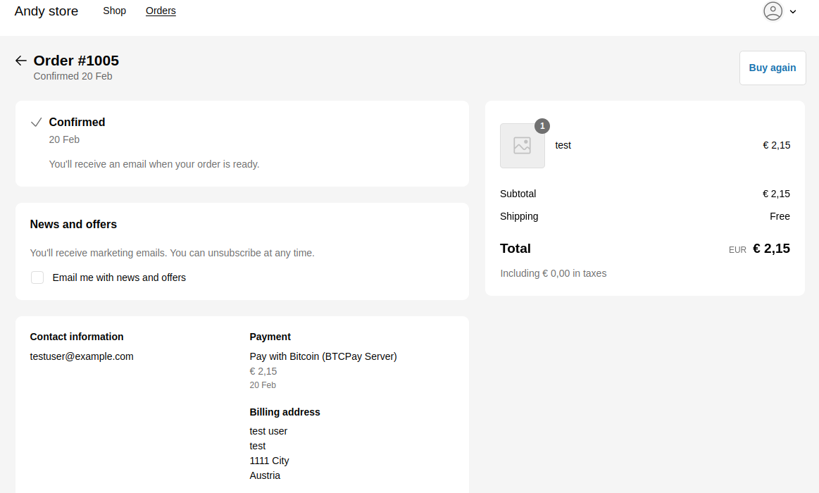 Order status page after payment