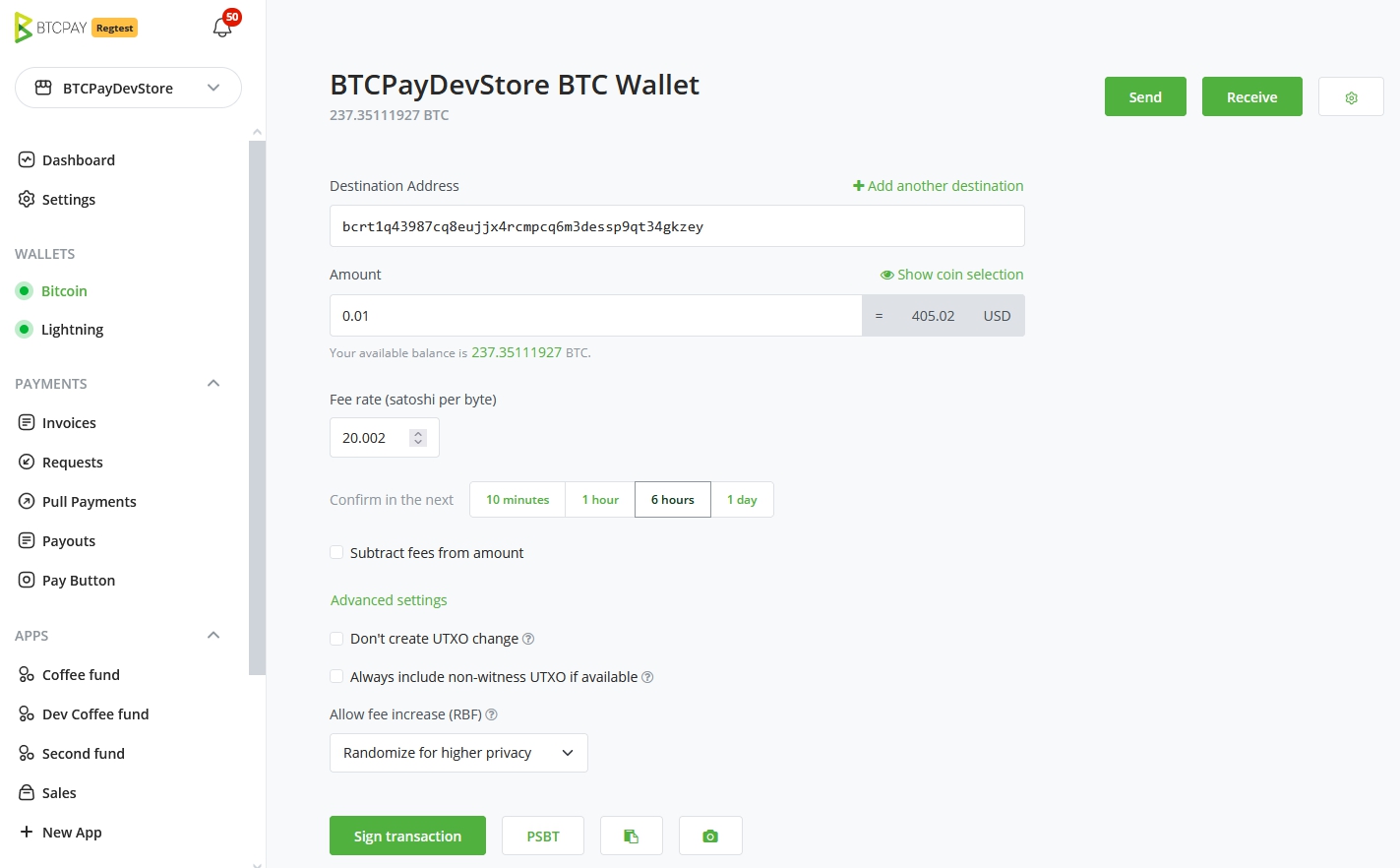 BTCPay Server Payouts tab