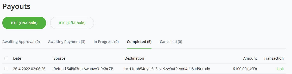BTCPay Server Payouts tab