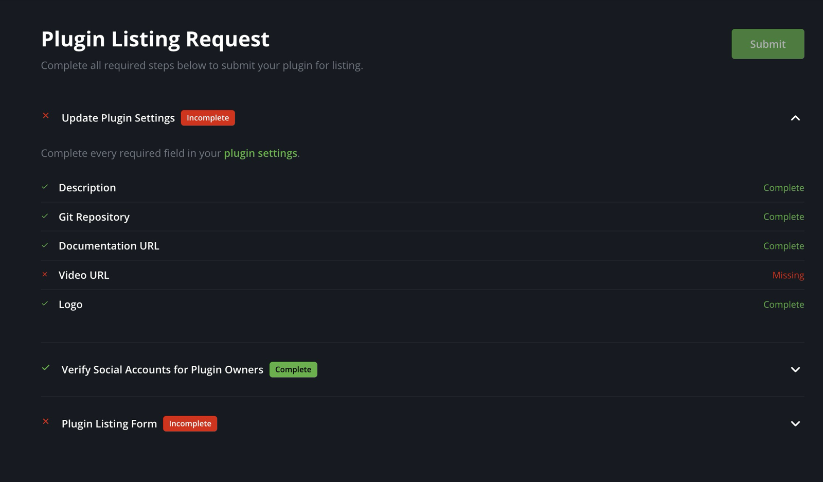 Plugin Listing Request checklist in the Plugin Builder