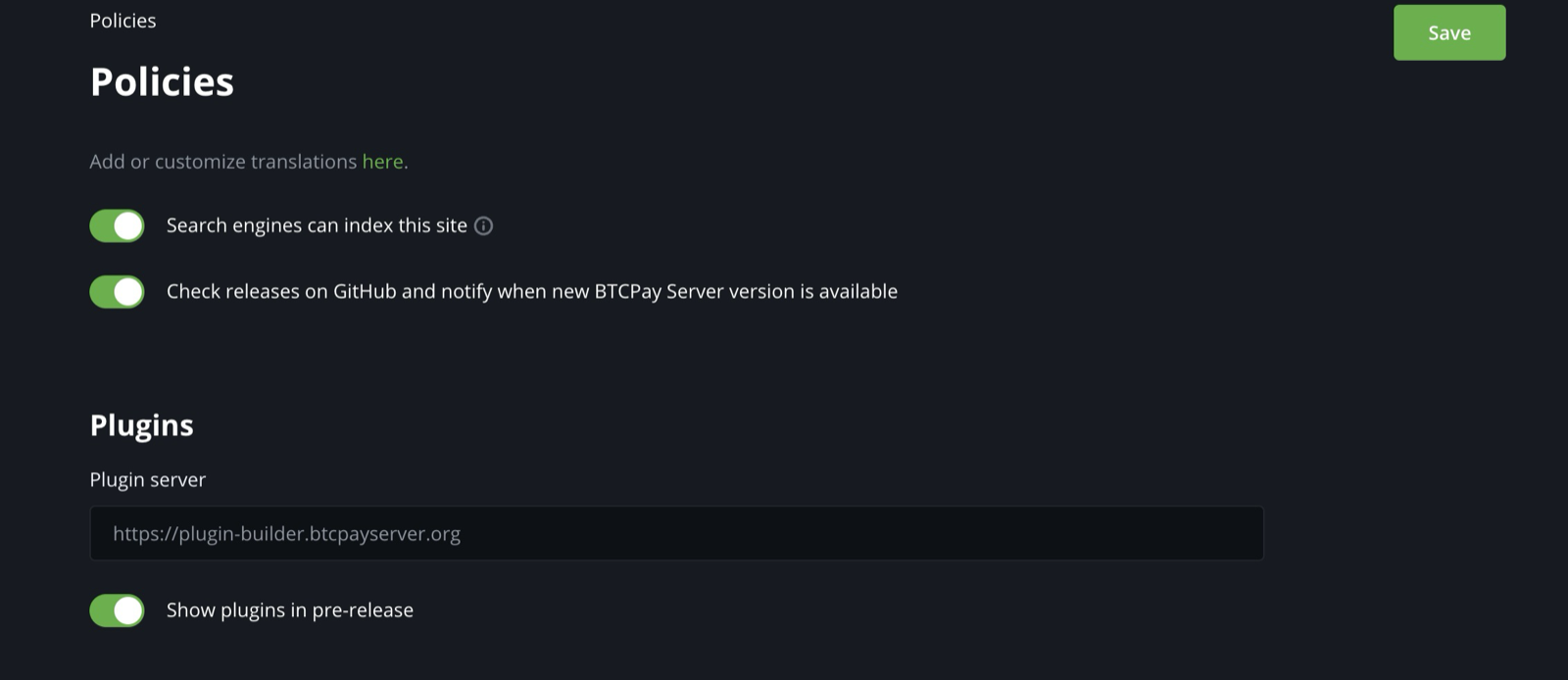 Show plugins in pre-release option on the BTCPay Server Policies page