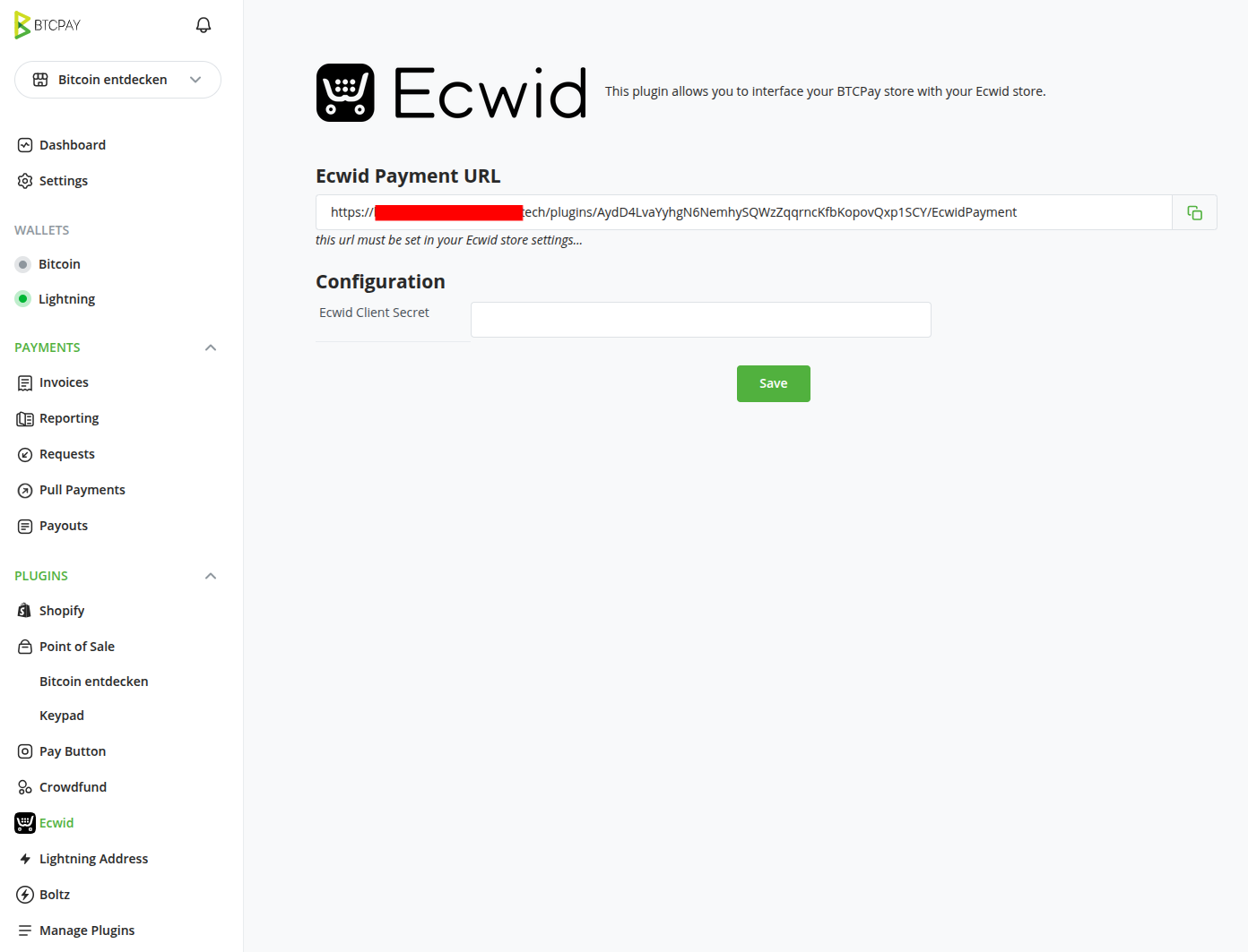 Ecwid plugin settings page