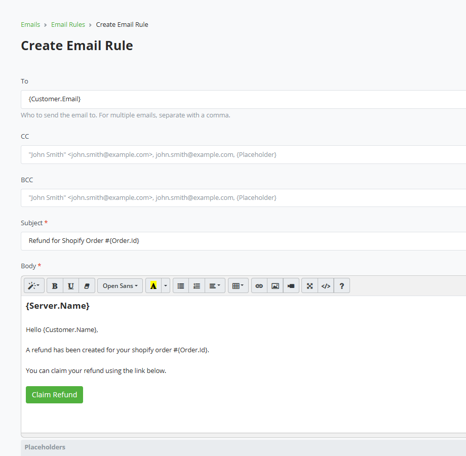 Shopify Plugin - Email Rule settings